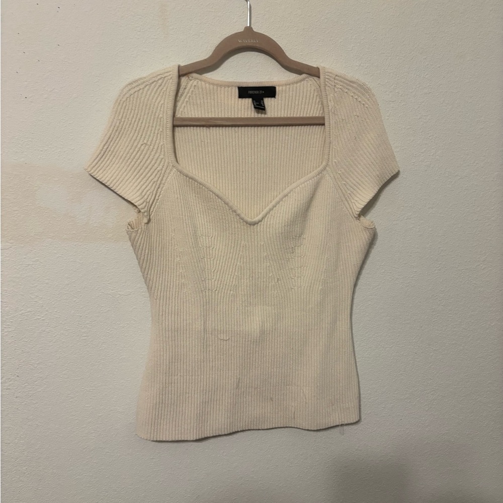 Forever 21 Cream Ribbed Short Sleeve Top